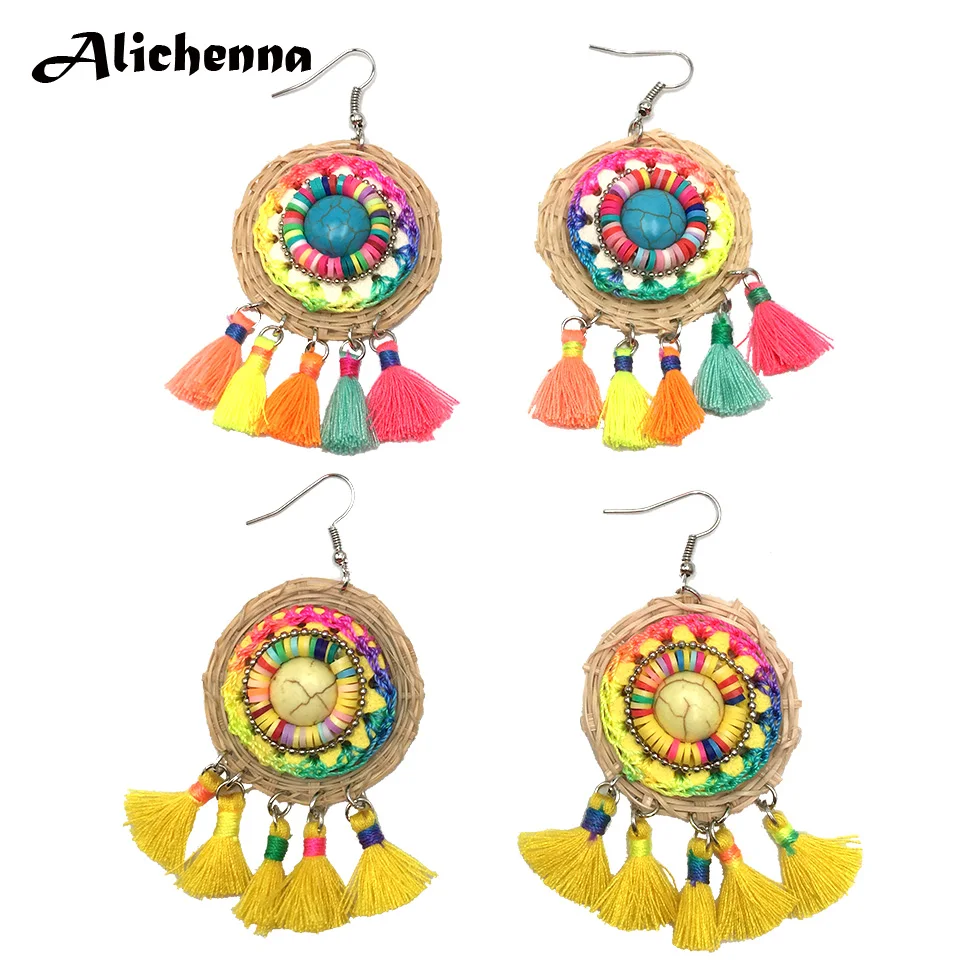 Вязаные серьги из ротанга эффектный цвет кисточка натуральный камень материал