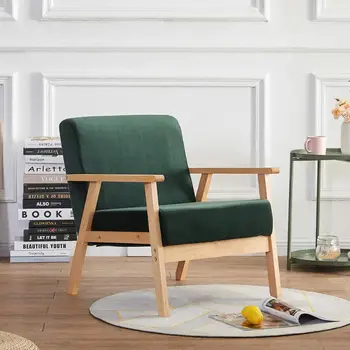 

Lounge Chair Vintage Velvet Lazy Backrest Armchair Solid Wood Recliner Green for Bedroom Living Room Dormitory Balcony Office