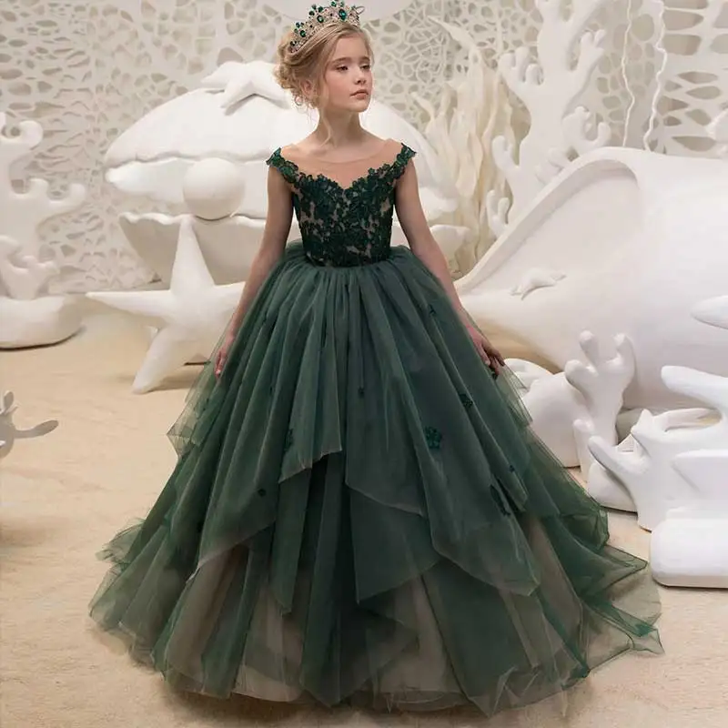 Зеленое бальное платье; нарядные платья для малышей; элегантные Детские вечерние платья принцессы длиной до пола; роскошное детское платье для выпускного вечера с кружевной аппликацией - Цвет: green