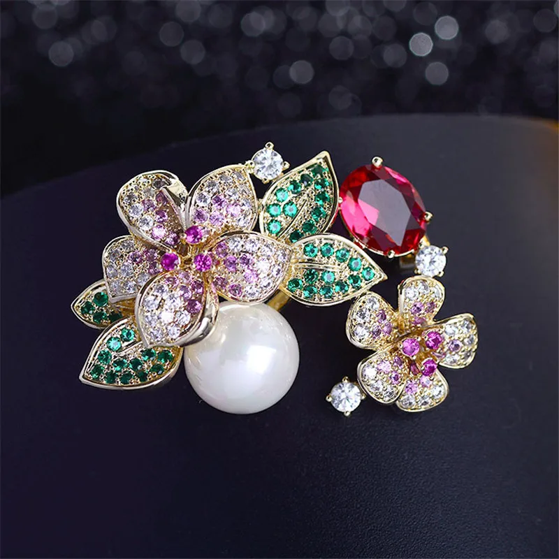 Cubic Zirconia Pearl Brooches Pins Coat Jewelry Luxury Zirconia