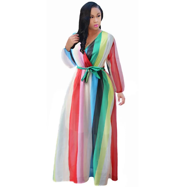 2021 Chiffon Long Sleeve Cross V-Neck Maxi Dress Bohemia Dress Full Plus Size Celebrity/Graduation/Dinner Dress Beach Sundress D2246 Multi Stripe