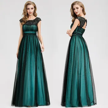 

BacklakeGirls Elegant Evening Dress Round Neck Cap Sleeve Applique Lace Slim Green Long Dress Abito Lungo Cerimonia Donna