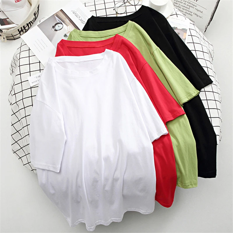 Hirsionsan Basic Cotton T Shirt Women Summer New Oversized Solid Tees 7 Color Casual Loose Tshirt Korean O Neck Female Tops