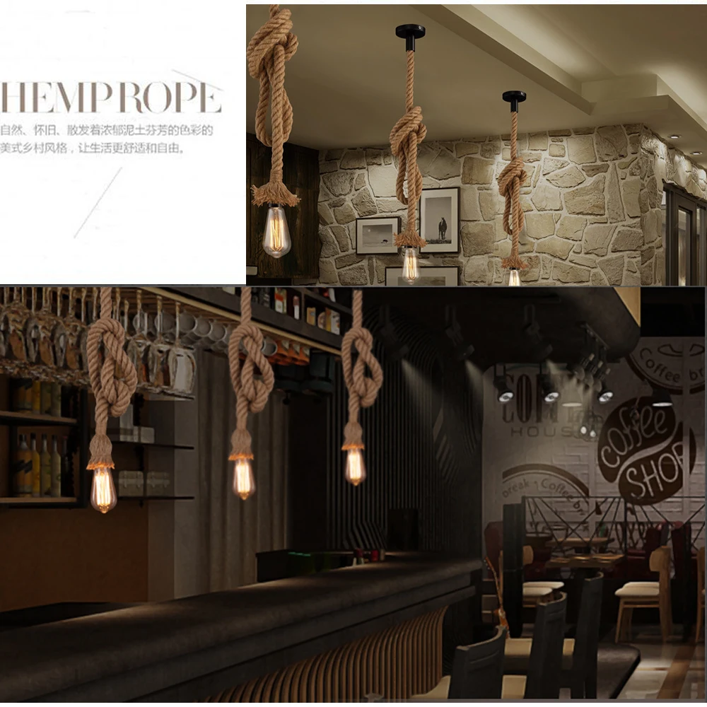 Vintage Hemp Rope Pendant Light Retro Industrial Hanging Lamp Creative Loft Country Style Edison Bulb Home Lamps Decorations Vintage Hemp Rope Pendant Light Retro Industrial Hanging Lamp Creative Loft Country Style Edison Bulb Home Lamps Decorations