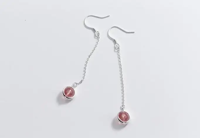 

100% Real 925 Sterling Silver Fine Jewelry Natural Rose Strawberry Quartz Stone Hook Dangle Earrings gtle2259