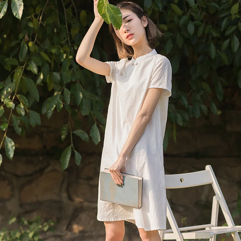 Spot new poetic 2018 summer show thin cotton loose medium long improved qipao dress woman with short sleeves | Женская одежда