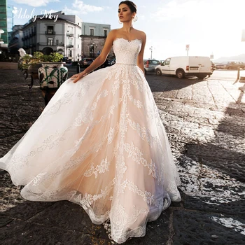 

Adoly Mey Romantic Scoop Neck Appliques Court Train A-Line Wedding Dresses 2020 Luxury Sashes Beaded Button Vintage Bride Gown