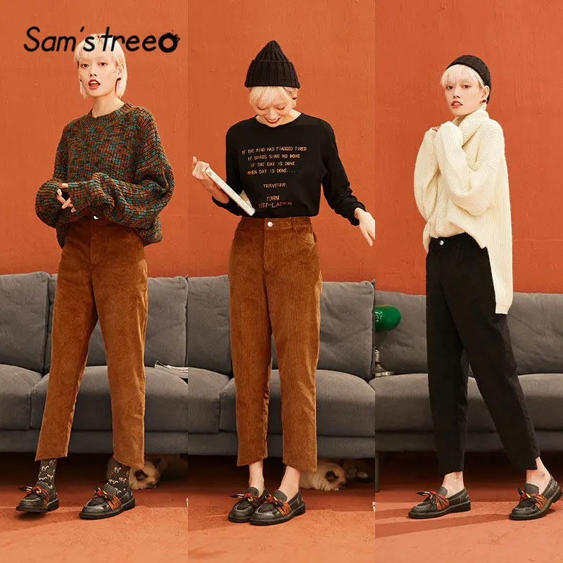 SAM'S TREE Solid Corduroy Straight Casual Women Harem Pants Winter Mid Waist Irregular Leg Office Ladies Daily Trousers