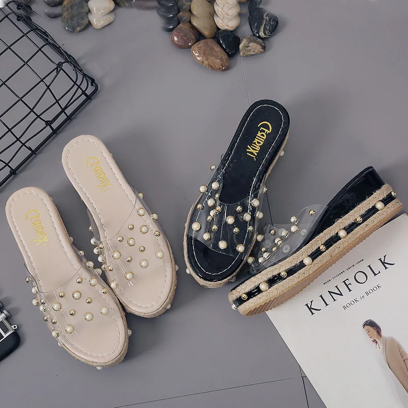 

CINESSD PU Wedge Shoes For Women Platform Outdoors Slippers Female 2020 Summer Slippers For Women Fashion Ladies Shoe Crystal 39