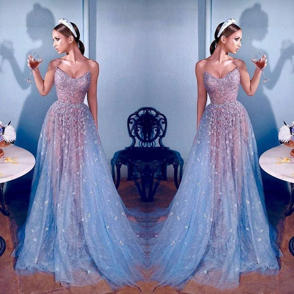 Elie Saab синий тюль с блестками вечерние платья Кружева Блестящий Бисер иллюзия