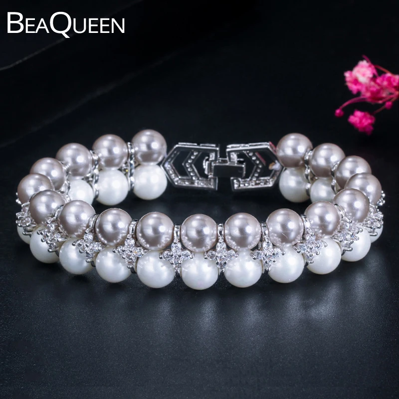 BeaQueen изысканный фианит большой круглый белый и серый жемчуг свадебные браслеты вечерние ювелирные изделия для подружек невесты B181