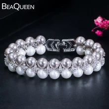 BeaQueen изысканный фианит большой круглый белый и серый жемчуг свадебные браслеты вечерние ювелирные изделия для подружек невесты B181