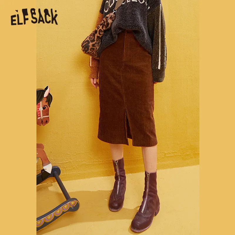 Женская Вельветовая юбка ELFSACK однотонная Асимметричная Повседневная с разрезом