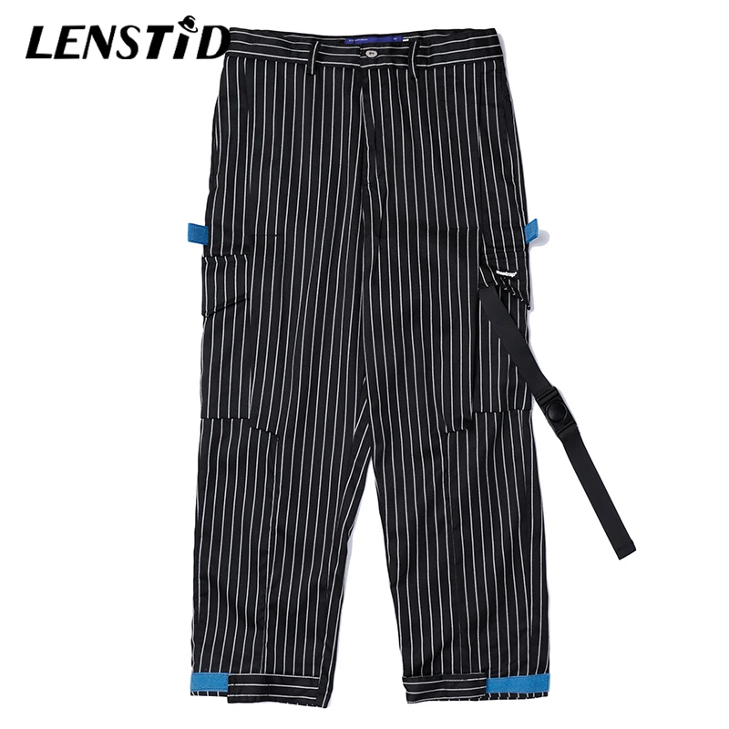 

LENSTID 2019 Autumn New Punk Industrial Style Striped Casual Pants Men Multi Pockets Chinos Fashion Trousers Male Brand Clothing