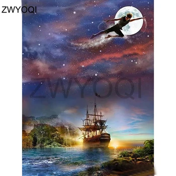 

DIY 3D Diamond mosaic Starry sky Full Square Diamond embroidery Ship meteor crew Full Round Diamond painting Cross stitch moon