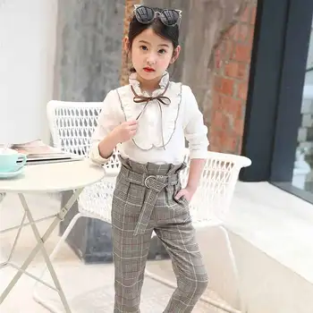 

Spring Girls Clothing Set Girl Suit Teens Blouse +Pants Trousers Two-piece Suit 3-14Y Baby Big Girls Blouse Clothing Sets