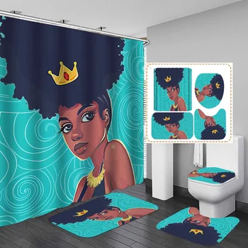

African American Women with Crown Durable Waterproof Shower Curtain Set with Afro Africa Girl Queen Non-Slip Bathroom Mat Rugs