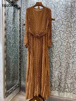 

Floor Length Dress 2019 Autumn Fashion Women O-Neck Polka Dot Print Belt Patchwork Long Sleeve Casual Long Party Maxi Dresses