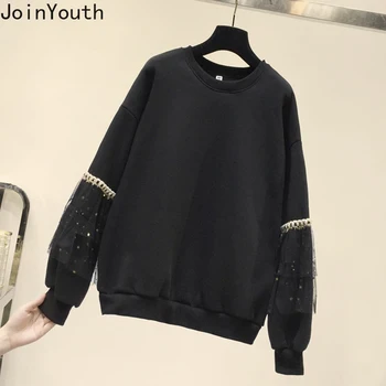 

Joinyouth New Autumn Winter Women Hoodie Korean Fashion Mesh Ruffle Long Sleeve Loose Fleece Pullover Sweatshirt Warm Coat 56696