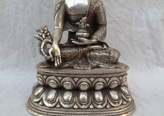YM 322 1" Китайский серебряный Shakyamuni Joss Тибетский дракон халат с капюшоном статуя Будды медитации