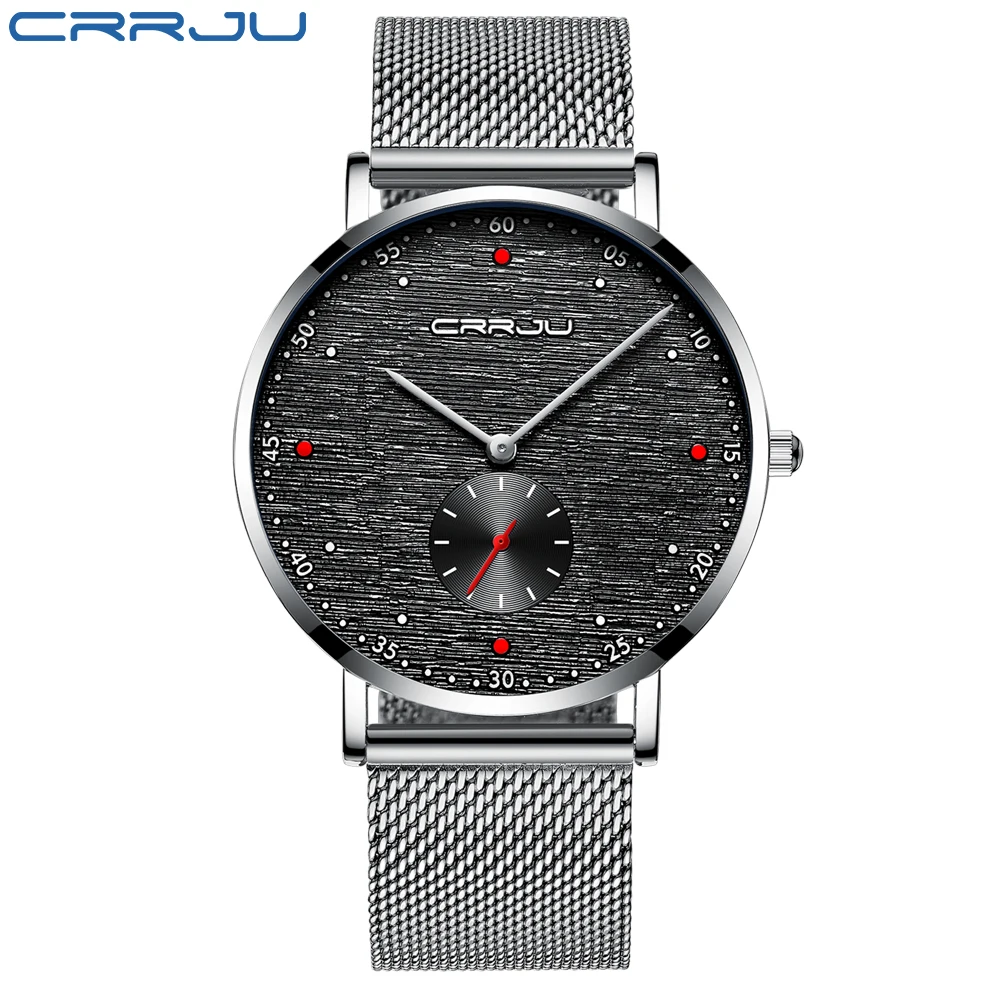 Silver Black Новинка, CRRJU, синие, модные, тонкие, с сетчатым ремешком, кварцевые часы, мужские часы, Топ бренд, Роскошные, водонепроницаемые, спортивные часы, Relogio Masculino - Цвет: Silver Black