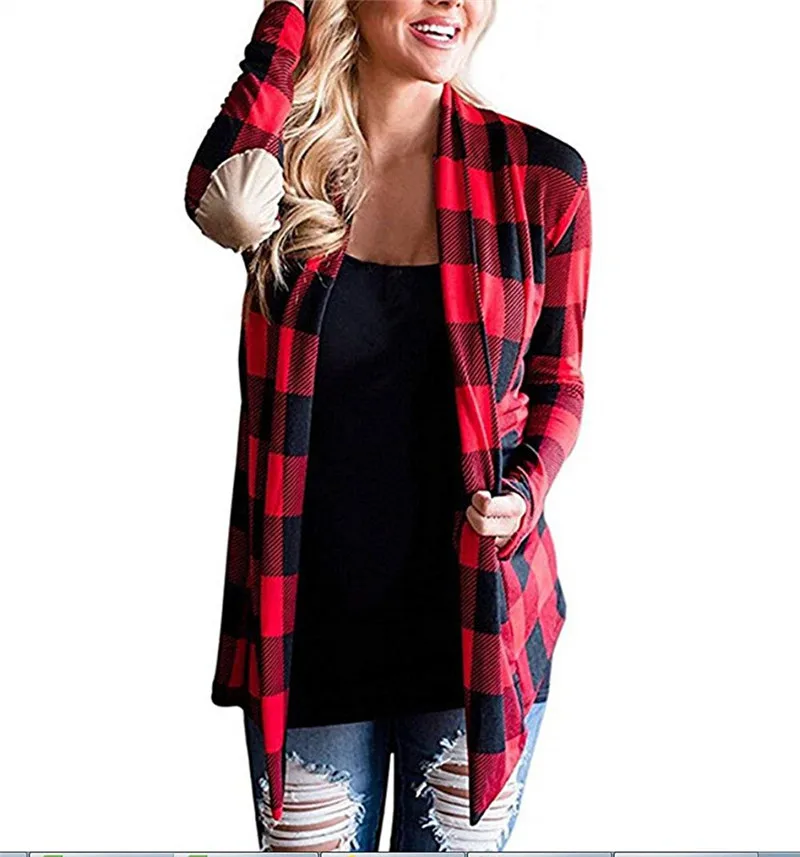 

Women's Buffalo Plaid Cardigans Long Sleeve Elbow Patch Draped Open Front Shirt