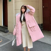 

Winter Women Hooded Fur Collar Cotton Parkas Fashion Warm Plush Lining Drawstring Waist Mid-length Female Windproof Outerwear