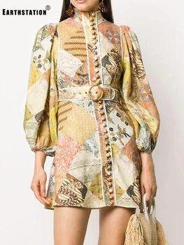 

Stand-up collar, single-row buttons, retro print, two-piece shirt, women's autumn new style + straps, high waist, shorts, suit