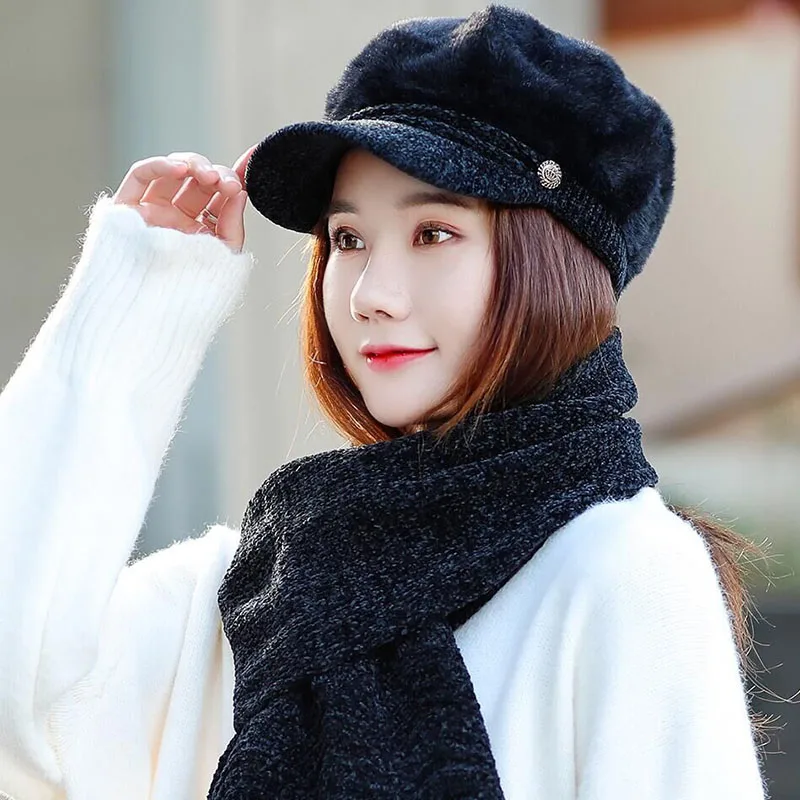 HANGYUNXUANHAO Women French Beret Hat Scarf Set Winter Warm Lady Hat Chenille Elegant Beanie Cap