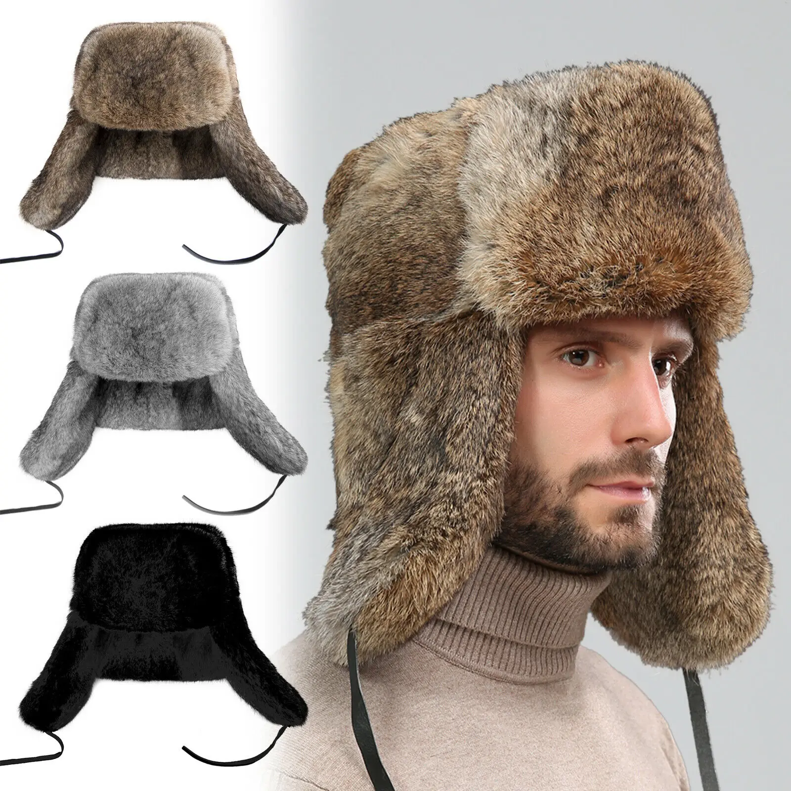 

Men Bomber Hat Rabbit Fur Thickness Warm Anti-Cold Windproof Russian Hat Leifeng Hats With Ear Flaps For Outdoor Winter Fishing