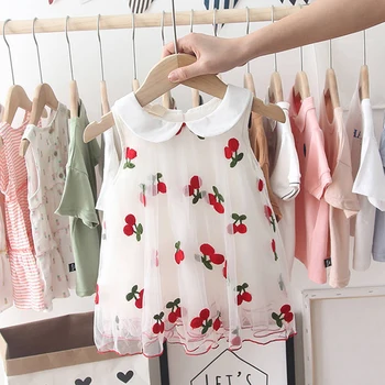 

New Summer Girl Dress Korean Version Children's Cherry Print Mesh Dress Korean Version Princess Dress