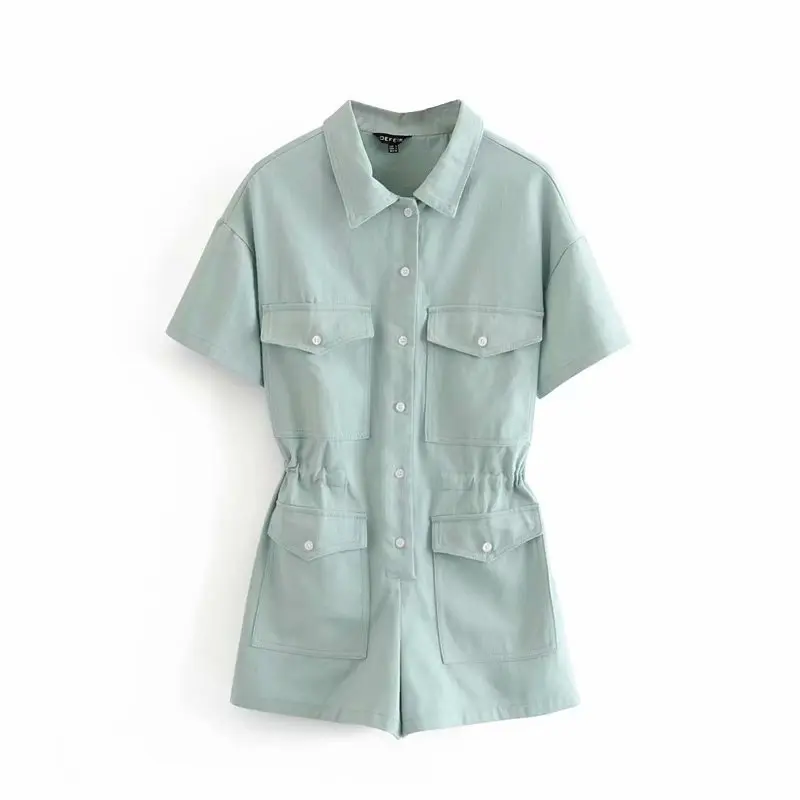 

women stylish solid denim playsuits elastic waist short sleeve pockets buttons female casual chic jumpsuits