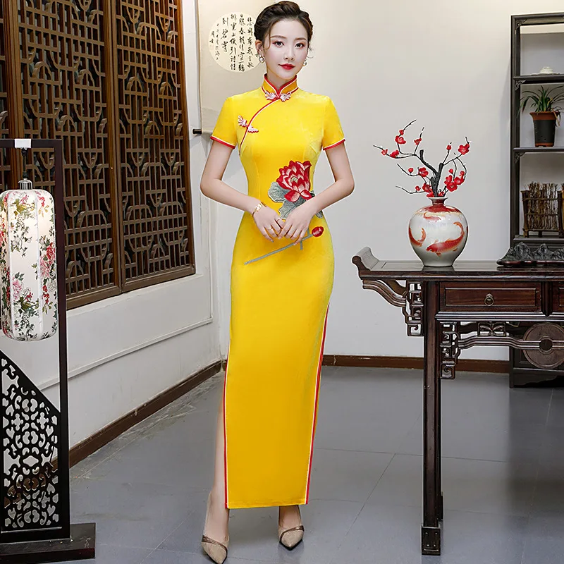 Желтое велюровое платье для выпускного вечера Cheongsam для свадебной вечеринки женское элегантное банкетное длинное платье Qipao восточные женские тонкие платья Vestido S-5XL