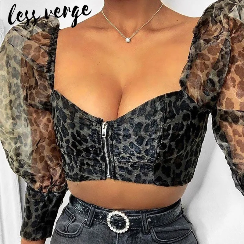 

lessverge Leopard print mesh sexy tunic crop top Square collar puff sleeve vintage blouses tops Party club slim shirt blusas