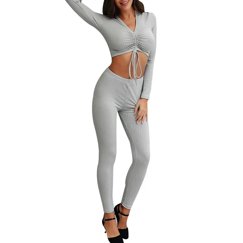 

NORMOV Autumn Women Two Piece Set 2019 Solid Color V-Neck Top And Pants Set Casual Outdoor Slim Sexy Female Pullover Sweatsuit