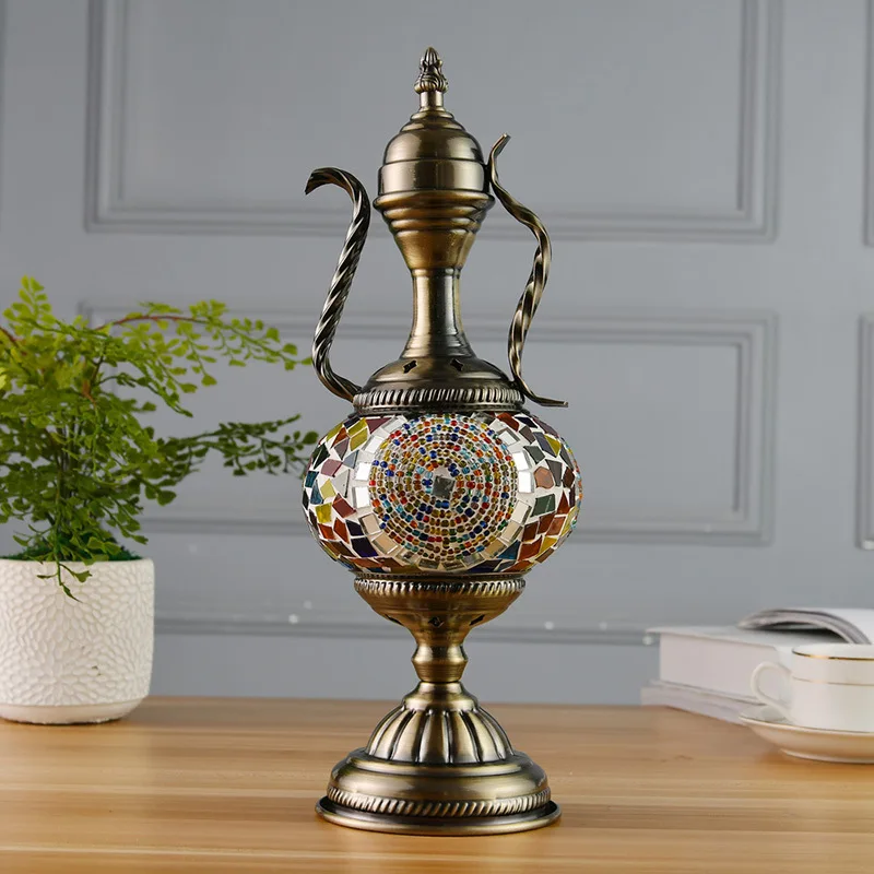 Turkish Style Exotic Retro Glass Decorative Table Lamp Coffee Pot Living Room Bedroom Bedside Led Night Light
