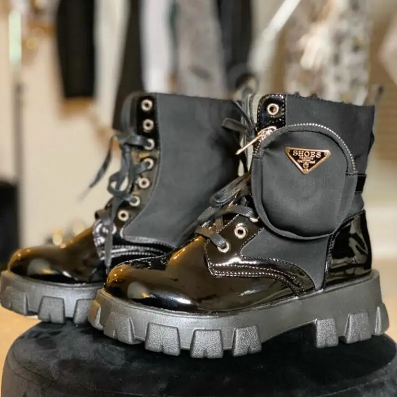 

Patent Leather Women Pocket Ankle Boots Female Buckle Strap Black Chunky Sole Pouch Ankle Boots Woman Platform Shoe Fashion