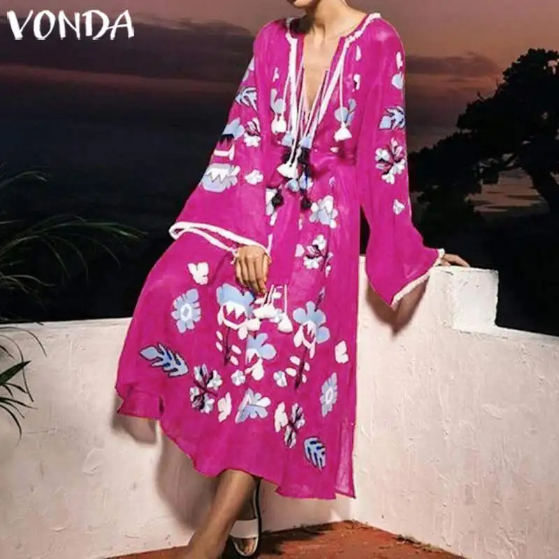 

VONDA Women Vintage Dress 2019 Bohemian Long Sleeve Print Maxi Dress Party Vestido Beach Sundress Sexy Long Robe Plus Size