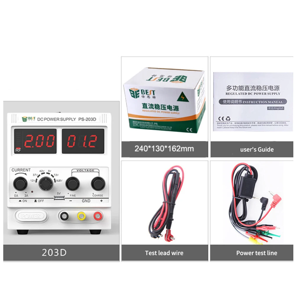 

Adjustable Power Supplyoverload Protection Current Signal Test Meter Linear Digital Display DC Stabilized PS-203D 20V 3A