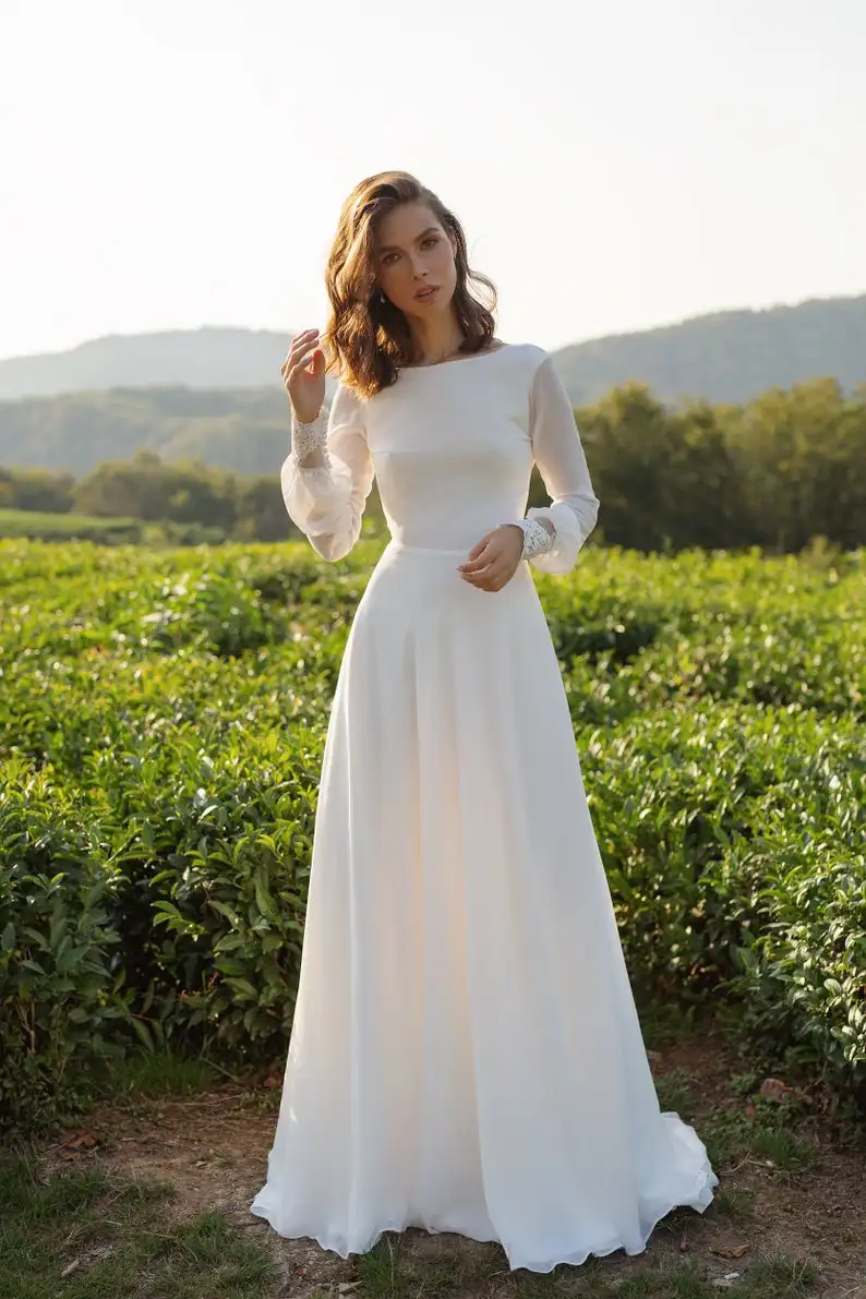 

2020 New Simple A-line Chiffon Modest Wedding Dress With Long Sleeves Low Back Simple Beach Boho Bridal Gowns Wedding Gonw