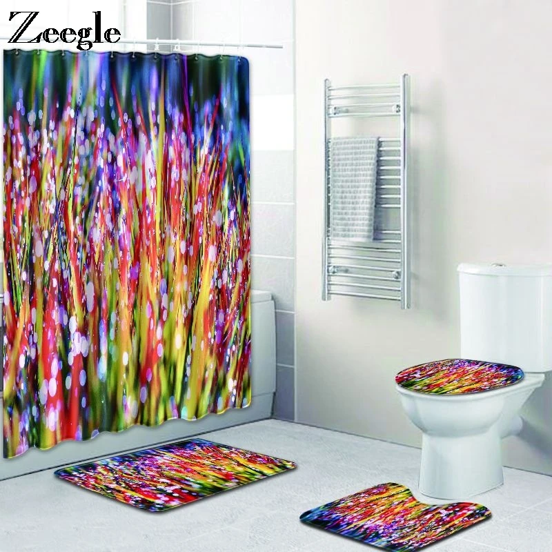 Zeegle Bath Mat Set Bathroom Shower Curtain Anti-slip Bathroom Carpets Absorbent Flannel Bathroom Doormat Washable Toilet Set
