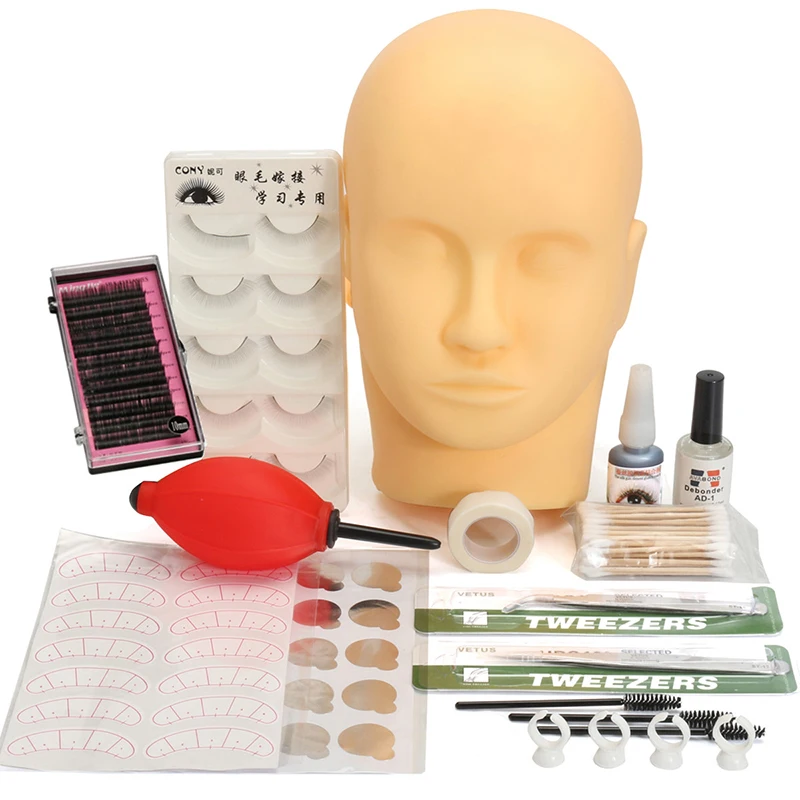1Set Training Head Eyelash Graft Kit Individual False Eyelashes Practice Head Glue Tool Graft  Eyelashes Extension Makeup Set