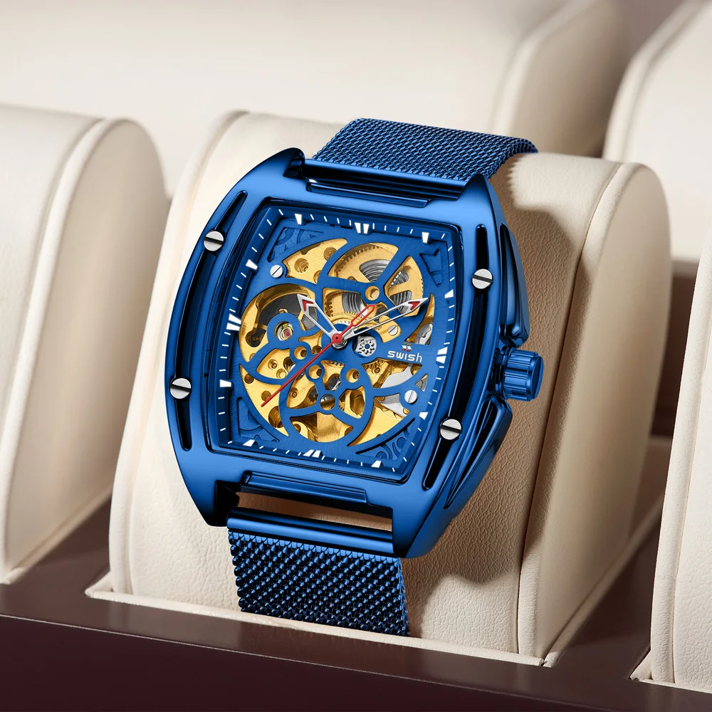 SWISHSkeltonMechanicalWatchforMenBluePolishSquareWristwatchTopLuxuryWaterproofClock