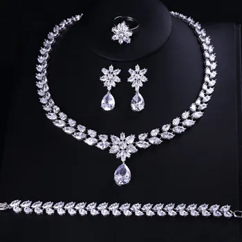 

Luxury white gold-color Elegant Shape Bridal Cubic Zirconia necklace bracelet earrings ring Big Wedding Jewelry Sets For Brides