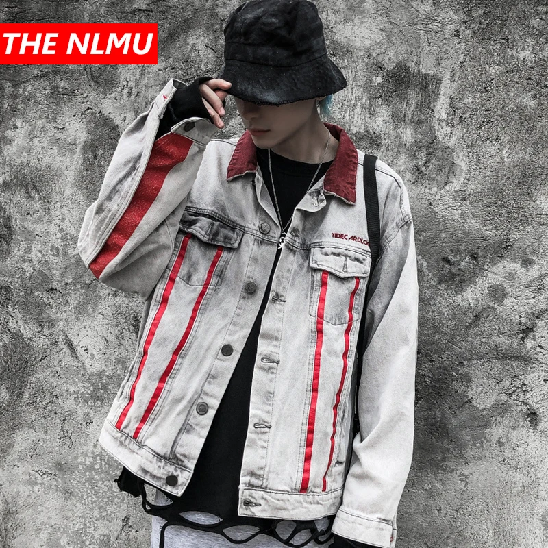 

Vintage Denim Jacket Men Retro Striped Patchwork Hip Hop Jeans Jackets Letter Streetwear Fashion 2019 Denim Coats WG493