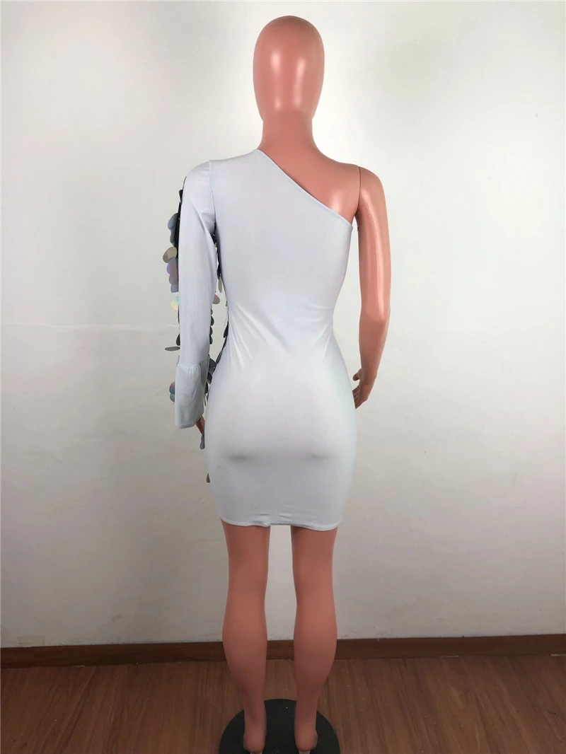 Adogirl/Клубное платье с большими блестками из прозрачной сетки в стиле пэчворк; женское сексуальное облегающее мини-платье на одно плечо с длинным рукавом для вечеринок; женская одежда