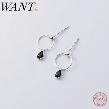 

WANTME Fashion Real 925 Sterling Silver Black Zircon Dangle Round Stud Earrings for WomParty Jewelry Teen Birten hday Gift 2020