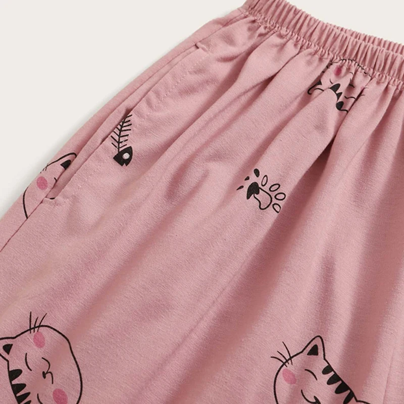 Dotfashion пижама с принтом кошки и рыбьей кости для женщин, комплект из футболки и штанов, летняя одежда для сна с коротким рукавом, Женский пижамный комплект