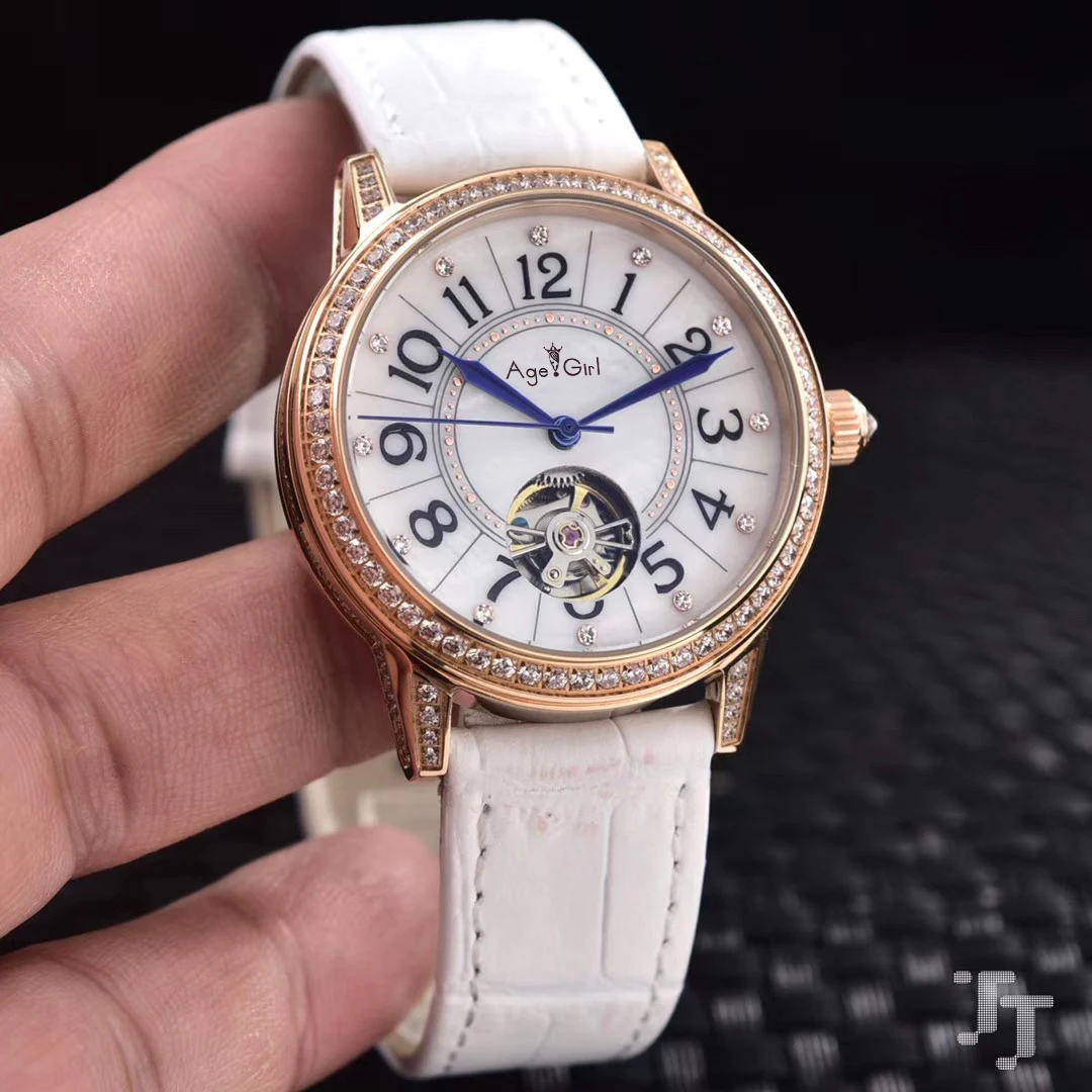 

Luxury Brand New Lady Women Gold Silver Gold Diamonds White BrownLeather Watch Sapphire Stainless Steel Tourbillion Watch AAA+