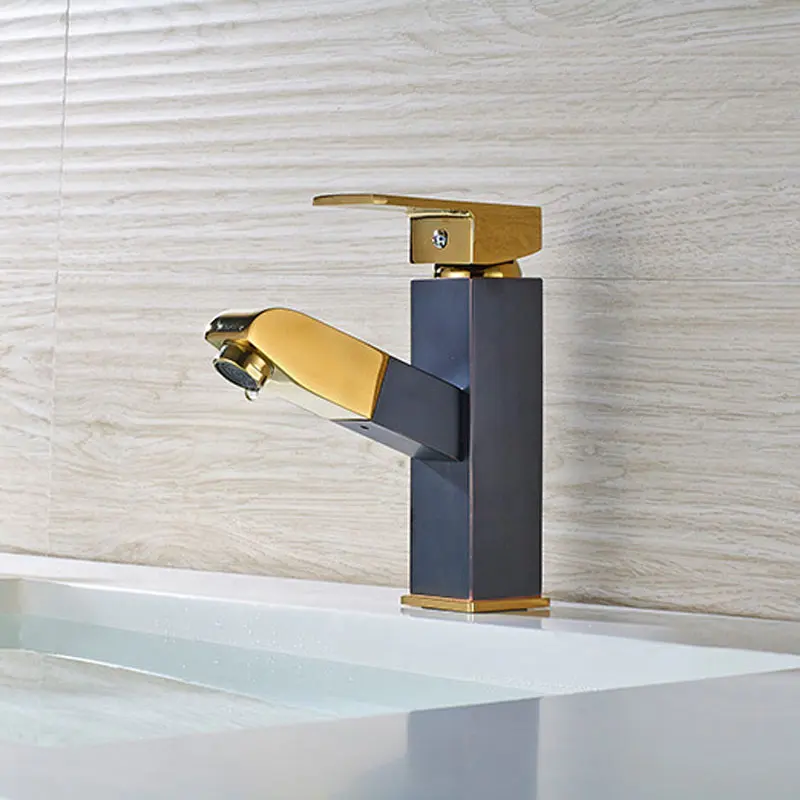 

Black basin faucet smoked pull square golden copper hot and cold water outlet, continental basin scale